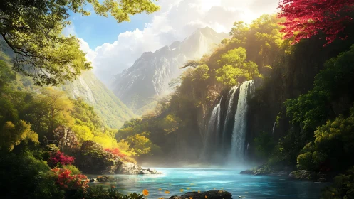 Digital landscape depicts mountain waterfall and forest basin