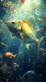 Golden fish glides through sunlit underwater forest dream