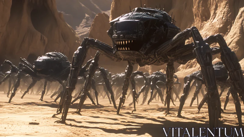 Military mech spider swarm advances through desert canyon.