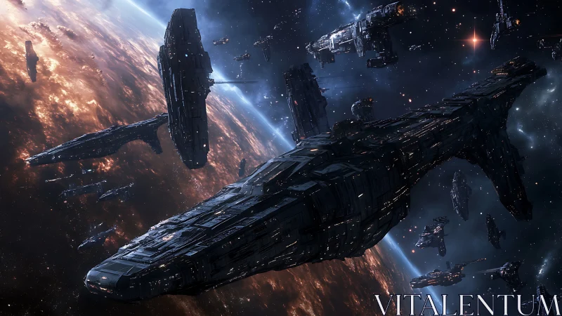 Starlit battle fleet glides in formation above a glowing world