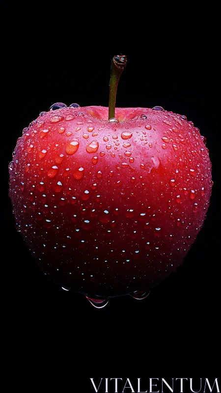 Midnight crimson apple crowned in glittering dew drops.