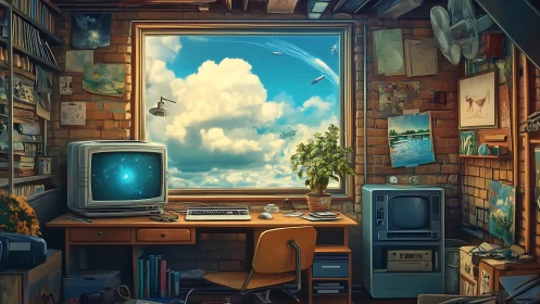 Retro brick workspace with vintage tech and sky view.