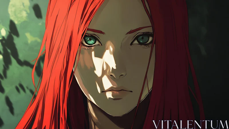 Fiery red haired heroine under dramatic forest light.