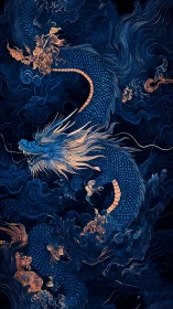 Blue serpentine dragon with orange flames in swirling clouds.