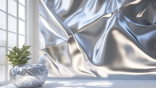 Sunlit chrome drapery embraces a sculpted planter glow.