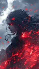 Dark anime woman with glowing red eyes and burning aura.