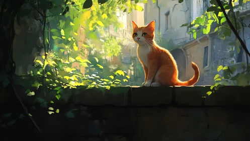 Orange Cat Seated on Dark Structure in Daylit Urban Garden Setting
