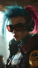 Cyberpunk mercenary with neon hair and tactical visor.