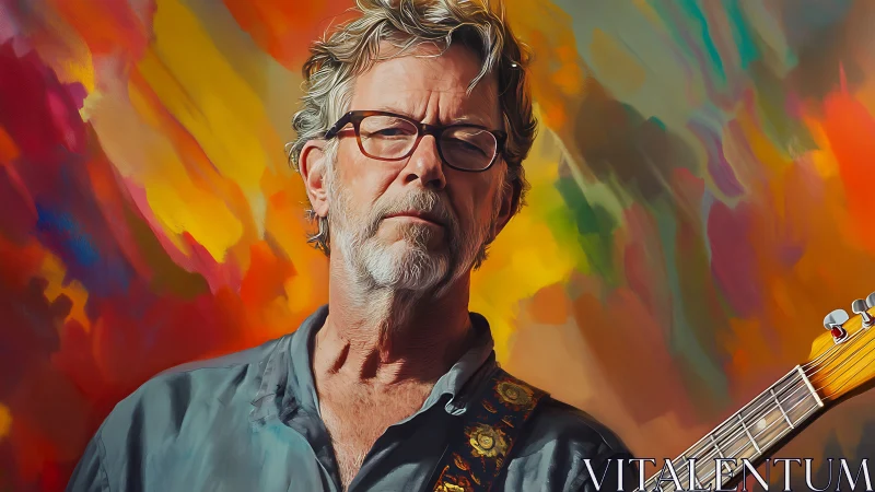 Textured digital portrait of older guitarist against chromatic blur