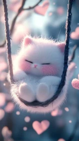 Fluffy White Cat Swinging on Rope in Snow.