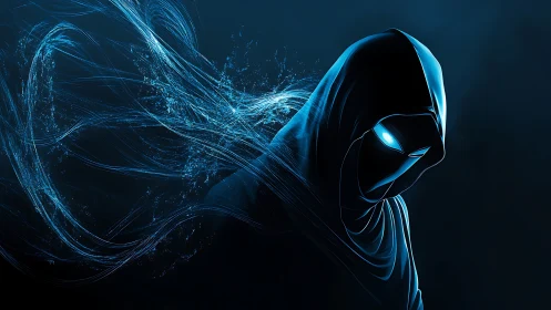 Hooded digital wraith with glowing blue eyes in motion.