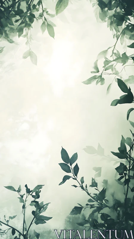 Soft morning leaves gently frame a calm, glowing sky