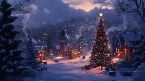 Snowlit village boulevard crowned by glowing Christmas tree.