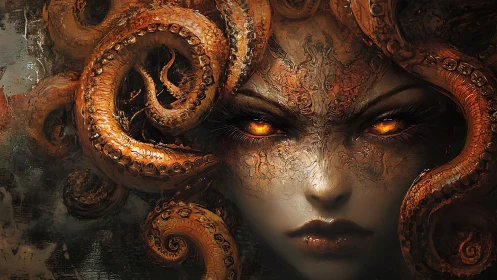 Cephalopod-encrusted demonic visage with bioluminescent gaze.