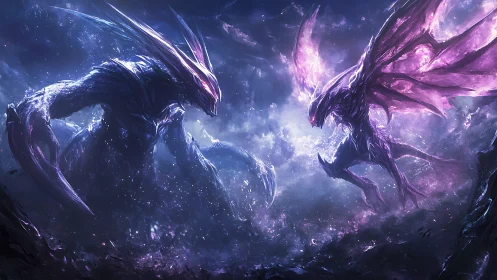 Colossal alien creatures clash in a glowing cosmic storm.