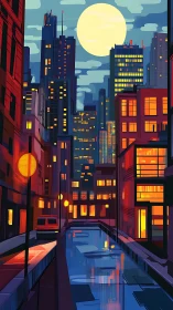 Nocturnal canal cityscape uses bold color blocking and depth