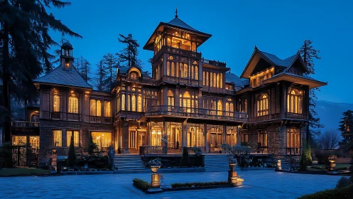 Grand illuminated mansion exterior at blue hour twilight.