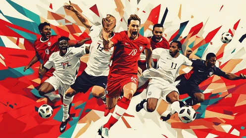 Dynamic polygonal illustration of soccer players in mid-sprint