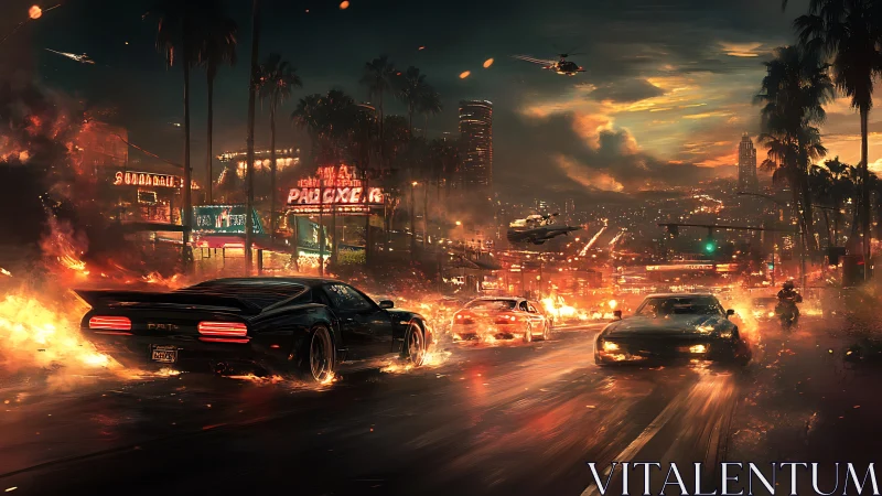 Neon-lit muscle cars race through burning cyber-noir boulevard