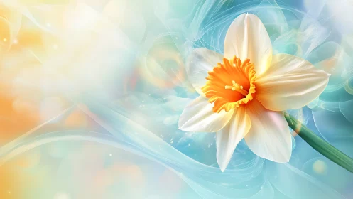 White Daffodil with Golden Center Against Soft Gradient.