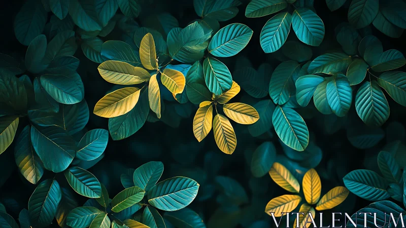 Chromatic foliage array with teal-yellow spectral contrast.