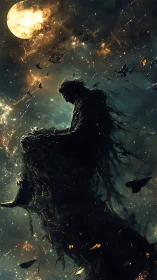 Solitary cosmic figure dissolves into moth-lit stardust