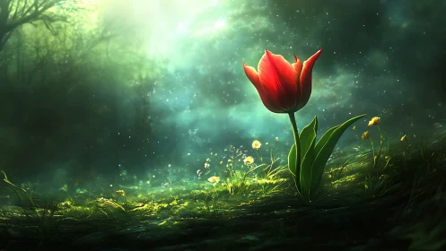 Single red tulip in forest clearing under diffuse light.