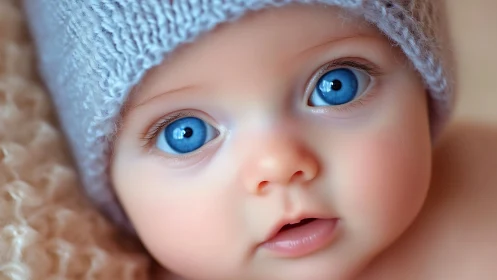 Infant with Striking Blue Eyes Wearing Knit Cap.