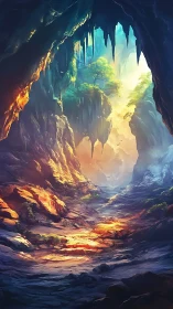 Luminous canyon cave with bioluminescent lava floor and trees