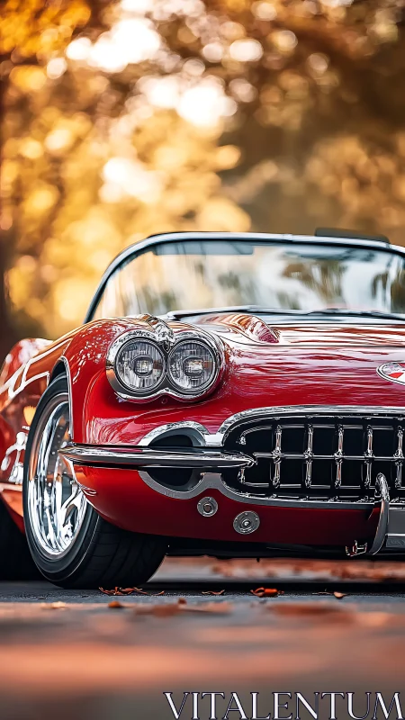 Sunlit red classic car basking in golden autumn glow.