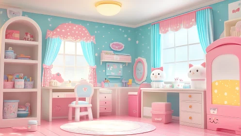 Rendered pastel bedroom interior shows organized study and play zones