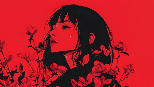 Crimson-lit woman emerges from blooming roses in silence.