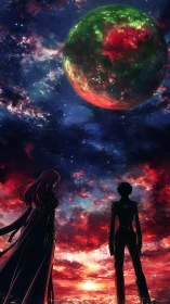 Stargazing companions beneath a glowing crimson green world.