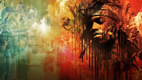 Abstract portrait emerges from fiery urban graffiti haze