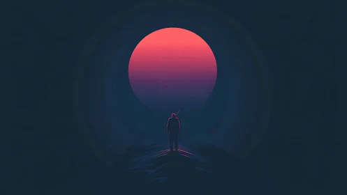 Solitary silhouette stands before vast neon sun portal