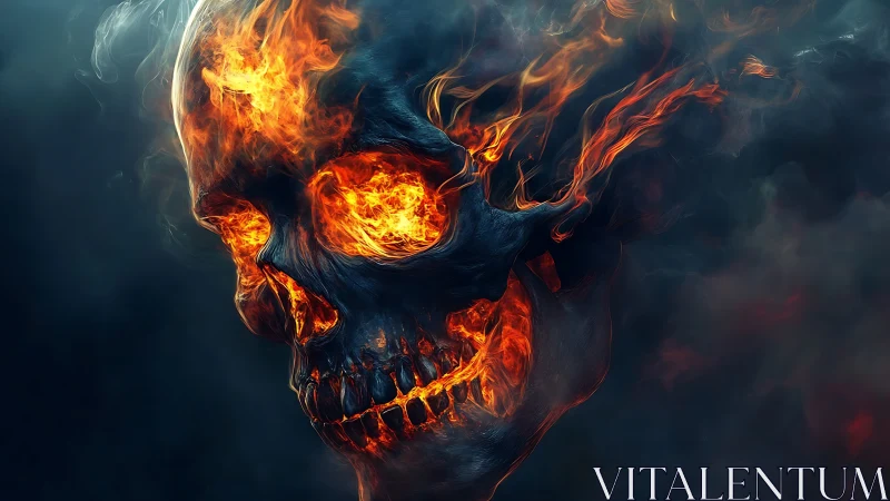 Flaming skull emerges from smoky darkness in vivid detail