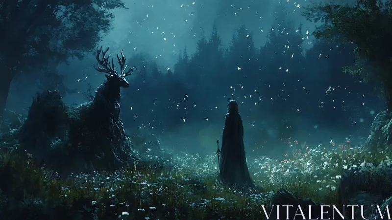 Nocturnal forest encounter with stag spirit and cloaked wanderer.