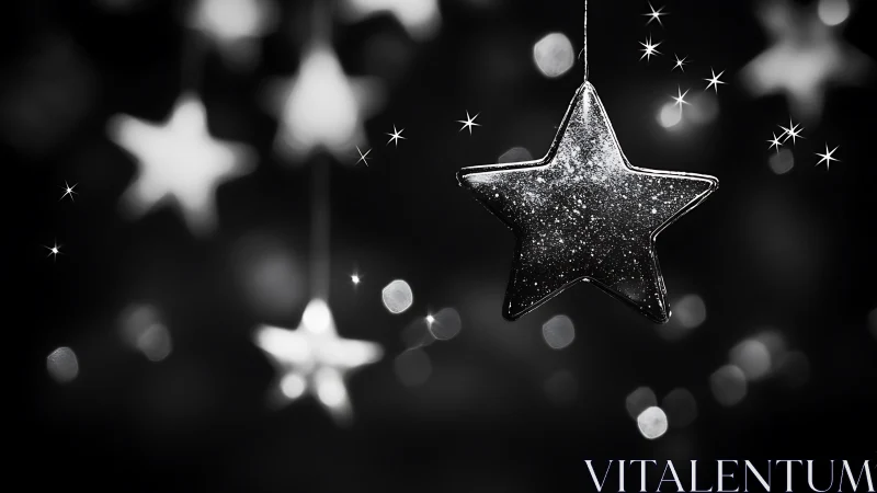 Glittering star ornament in monochrome bokeh nightscape.