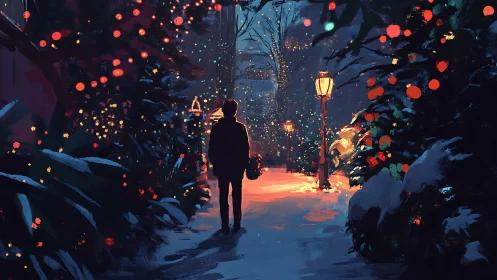 Silhouetted figure walks through glowing winter garden path