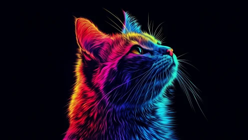 Rainbow Neon Cat with Chromatic Fur Against Darkness.