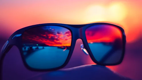Sunglasses closeup with reflected coastal sunset horizon.