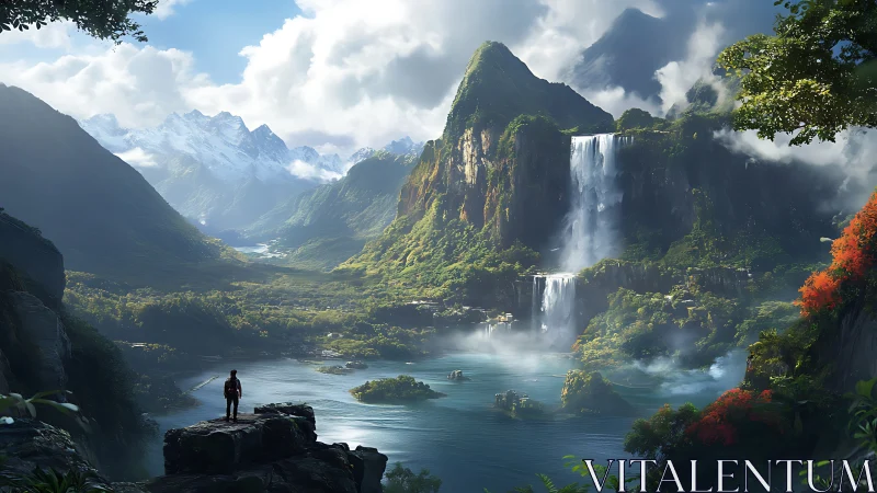 Solitary explorer surveys monumental alpine waterfall basin