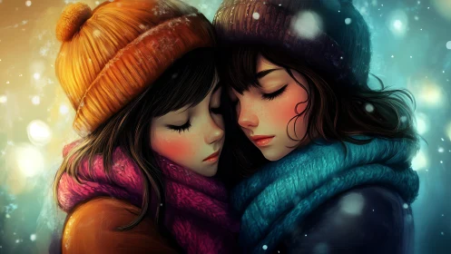 Warm Embrace in Winter: Two Figures Connected Through Light.