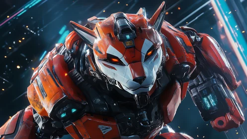Cybernetic fox mecha warrior in neon-lit battle stance.