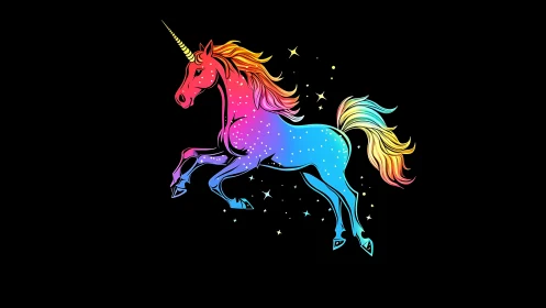 Rainbow gradient unicorn illustration on solid black background