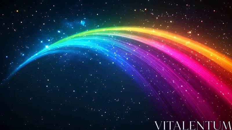 Neon rainbow light arc streaking through deep starfield sky.