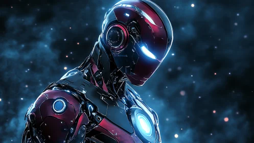 Humanoid armored robot rendered against a diffuse starfield background