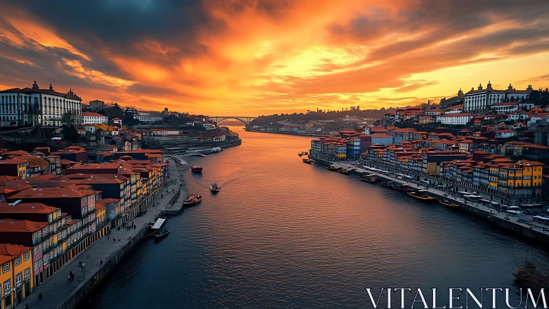 Fiery sunset over riverfront city with glowing tiled roofs.
