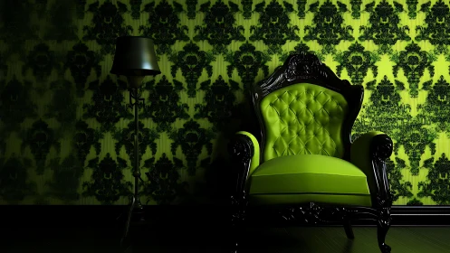 Neon throne lounges boldly beneath baroque shadow vines