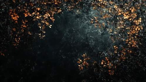 Dark textured background with scattered golden leaves.